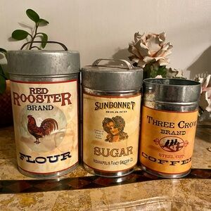 Vintage Flour, sugar and coffee canisters - Silver and Cream